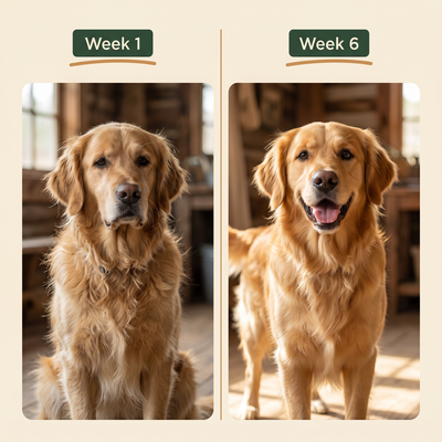 Dog coat before and after, week 1 to week 6