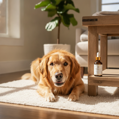 Happy golden retriever with Pawllagen liquid collagen