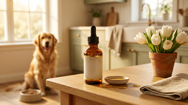 Pawllagen bottle in a kitchen with a dog