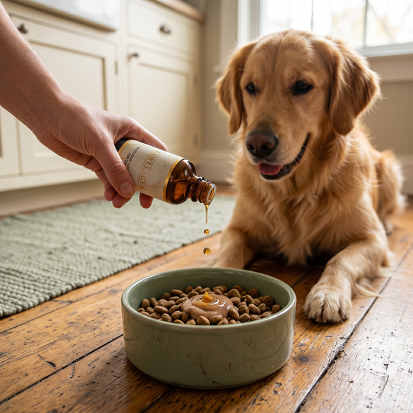 Pouring Pawllagen over a dog's food bowl