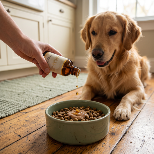 Pouring Pawllagen over a dog's food bowl